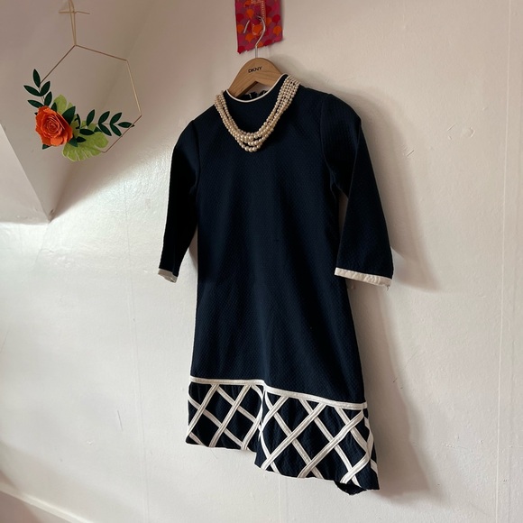 VTG Minuetto xs navy trellis hem mini dress preppy round neck piping church - Picture 6 of 10